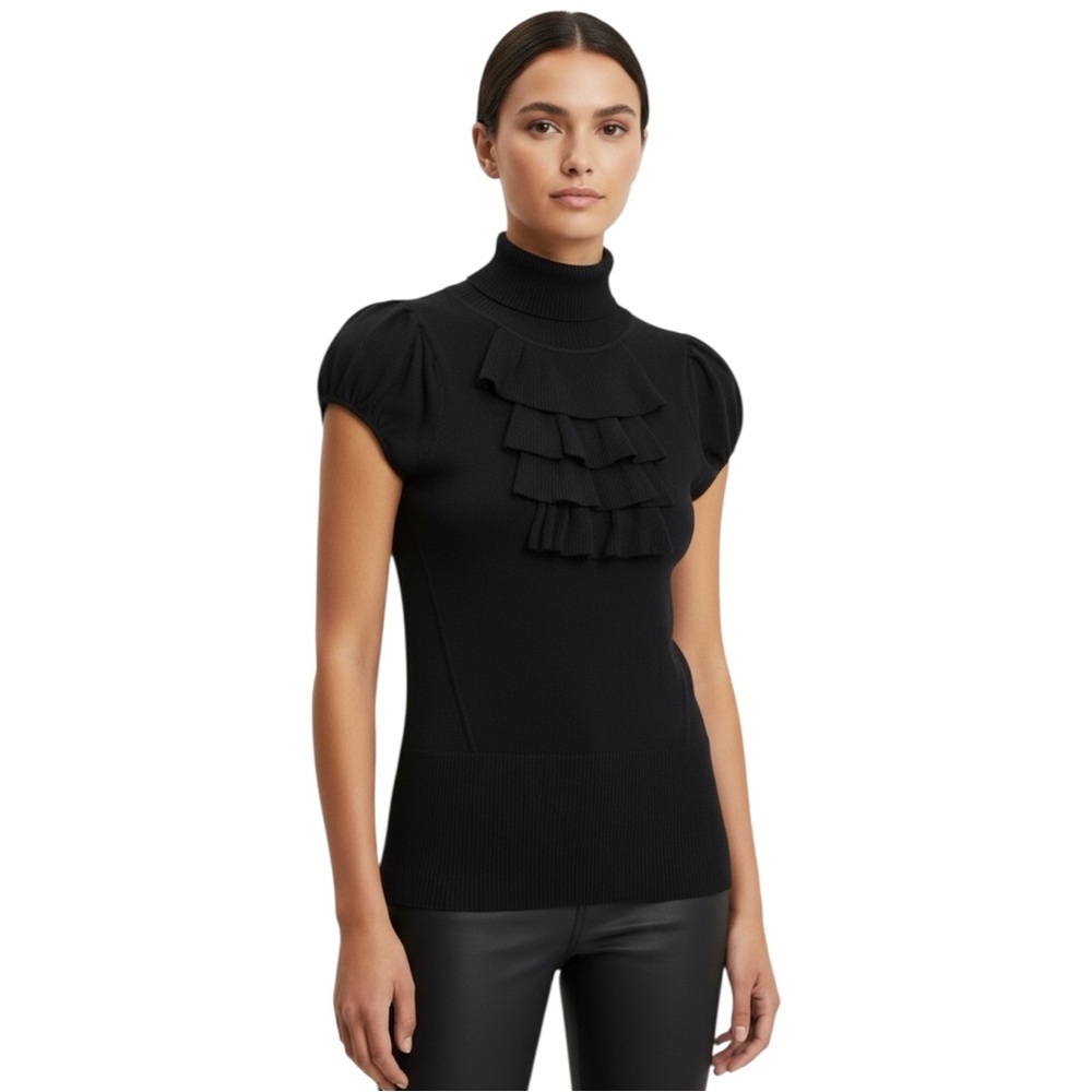 Y2K Rampage Black Ruffle Turtleneck Short Sleeve Sweater Top Juniors S Womens XS